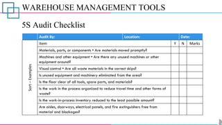 WAREHOUSE MANAGEMENT TOOLS
5S Audit Checklist
Audit By: Location: Date:
Sort
–
Examples
Item Y N Marks
Materials, parts, or components • Are materials moved promptly?
Machines and other equipment • Are there any unused machines or other
equipment around?
Visual control • Are all waste materials in the correct skips?
Is unused equipment and machinery eliminated from the area?
Is the floor clear of all tools, spare parts, and materials?
Is the work in the process organized to reduce travel time and other forms of
waste?
Is the work-in-process inventory reduced to the least possible amount?
Are aisles, doorways, electrical panels, and fire extinguishers free from
material and blockages?
 