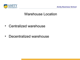 Warehouse Location Centralized warehouse Decentralized warehouse 