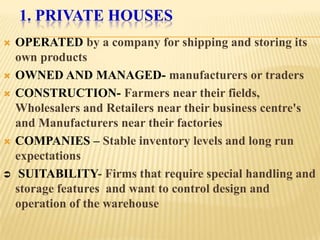 1. PRIVATE HOUSES
   OPERATED by a company for shipping and storing its
    own products
   OWNED AND MANAGED- manufacturers or traders
   CONSTRUCTION- Farmers near their fields,
    Wholesalers and Retailers near their business centre's
    and Manufacturers near their factories
   COMPANIES – Stable inventory levels and long run
    expectations
    SUITABILITY- Firms that require special handling and
    storage features and want to control design and
    operation of the warehouse
 