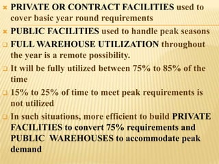  PRIVATE OR CONTRACT FACILITIES used to
  cover basic year round requirements
 PUBLIC FACILITIES used to handle peak seasons

 FULL WAREHOUSE UTILIZATION throughout
  the year is a remote possibility.
 It will be fully utilized between 75% to 85% of the
  time
 15% to 25% of time to meet peak requirements is
  not utilized
 In such situations, more efficient to build PRIVATE
  FACILITIES to convert 75% requirements and
  PUBLIC WAREHOUSES to accommodate peak
  demand
 