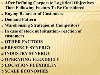  After Defining Corporate Logistical Objectives
  Then Following Factors To Be Considered
  Buying Behavior of Customers
  Demand Pattern
  Warehousing Strategies of Competitors
  In case of stock out situation- reaction of
  customers
  OTHER FACTORS
 PRESENCE SYNERGY
 INDUSTRY SYNERGY
 OPERATING FLEXIBILTY
 LOCATION FLEXIBILTY
 SCALE ECONOMIES
 