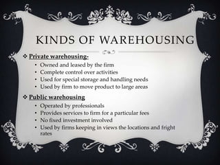 KINDS OF WAREHOUSING
 Private warehousing•
•
•
•

Owned and leased by the firm
Complete control over activities
Used for special storage and handling needs
Used by firm to move product to large areas

 Public warehousing
•
•
•
•

Operated by professionals
Provides services to firm for a particular fees
No fixed investment involved
Used by firms keeping in views the locations and fright
rates

 