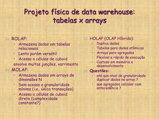 ROLAP:
• Armazena dados em tabelas
relacionais
• Lento porém versátil
• Acesso a células de cuboid
envolve muitas junções, varrimento
 MOLAP:
• Armazena dados em arrays de
dimensões N
• Sem acesso a granularidade
mínima (i.e., única transações)
• Acesso a células de cuboid
direto (complexidade
constante?)
 HOLAP (OLAP Híbrido):
• Duplica dados
• Tabelas para dados atômicos
• Arrays para agregados
• Flexível e rápido de execução
• Custoso em memória e
desenvolvimento
 Questões:
• até que nível de granularidade
duplicar dados no array ?
• que agregados calcular com
antecedência ?
Projeto físico de data warehouse:
tabelas x arrays
 
