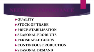 NEED AND IMPORTANCE
QUALITY
STOCK OF TRADE
PRICE STABILISATION
SEASONAL PRODUCTS
PERISHABLE GOODS
CONTINUOUS PRODUCTION
SEASONAL DEMAND
 