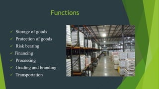 Functions
 Storage of goods
 Protection of goods
 Risk bearing
 Financing
 Processing
 Grading and branding
 Transportation
 