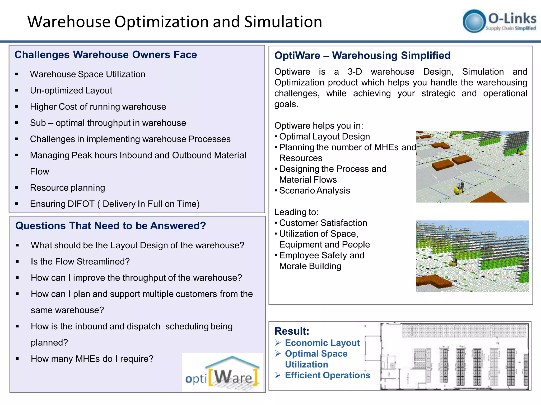 Warehouse Optimization and Simulation
Challenges Warehouse Owners Face                             OptiWare – Warehousing Simplified
   Warehouse Space Utilization                              Optiware is a 3-D warehouse Design, Simulation and
                                                             Optimization product which helps you handle the warehousing
   Un-optimized Layout                                      challenges, while achieving your strategic and operational
   Higher Cost of running warehouse                         goals.

   Sub – optimal throughput in warehouse                    Optiware helps you in:
   Challenges in implementing warehouse Processes           • Optimal Layout Design
                                                             • Planning the number of MHEs and
   Managing Peak hours Inbound and Outbound Material          Resources
    Flow                                                     • Designing the Process and
                                                               Material Flows
   Resource planning                                        • Scenario Analysis
   Ensuring DIFOT ( Delivery In Full on Time)
                                                             Leading to:
Questions That Need to be Answered?                          • Customer Satisfaction
                                                             • Utilization of Space,
   What should be the Layout Design of the warehouse?         Equipment and People
                                                             • Employee Safety and
   Is the Flow Streamlined?
                                                               Morale Building
   How can I improve the throughput of the warehouse?
   How can I plan and support multiple customers from the
    same warehouse?
   How is the inbound and dispatch scheduling being
                                                             Result:
    planned?                                                  Economic Layout
                                                              Optimal Space
   How many MHEs do I require?
                                                               Utilization
                                                              Efficient Operations
 