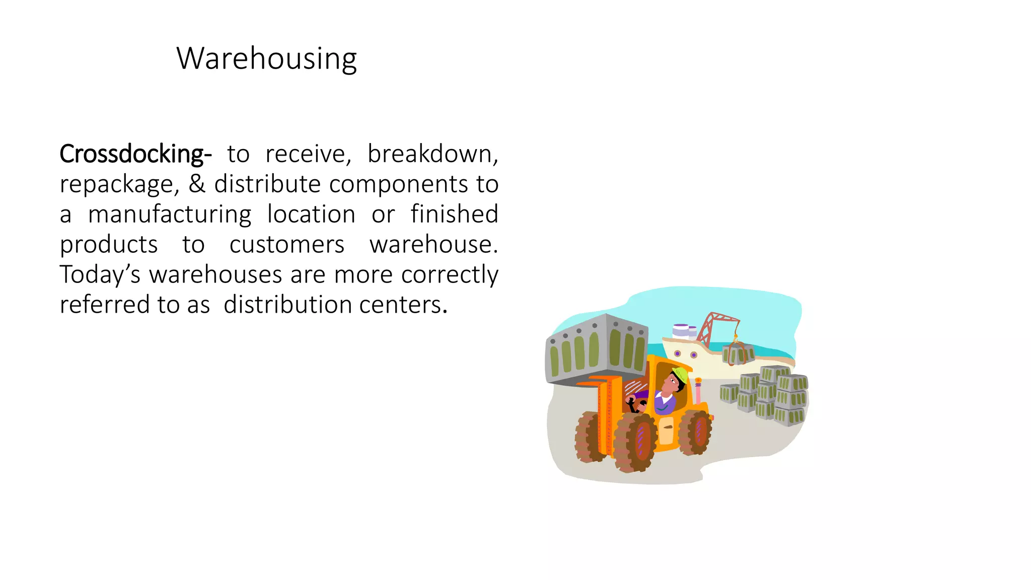 Warehousing
Crossdocking- to receive, breakdown,
repackage, & distribute components to
a manufacturing location or finished
products to customers warehouse.
Today’s warehouses are more correctly
referred to as distribution centers.
 