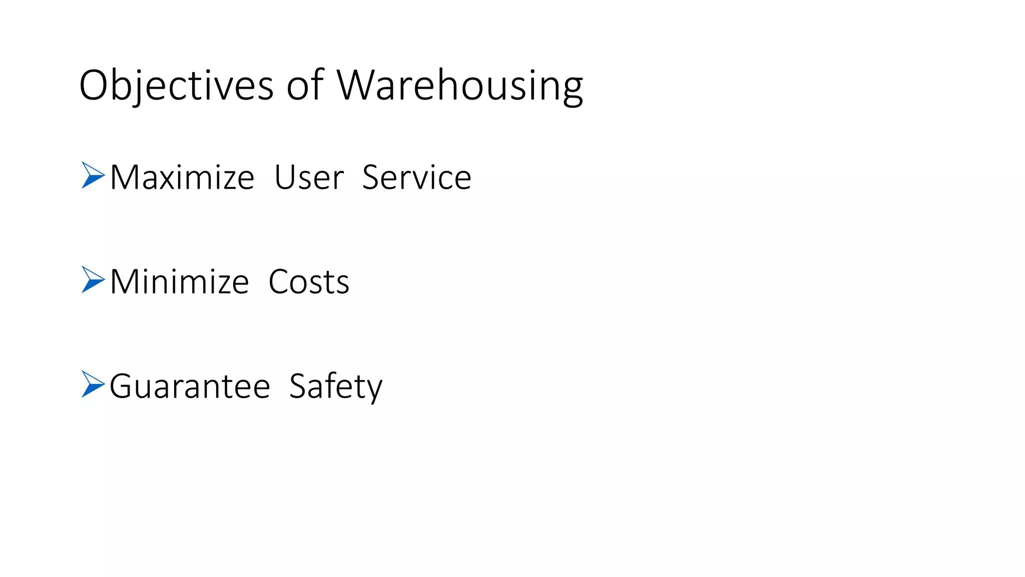 Objectives of Warehousing
Maximize User Service
Minimize Costs
Guarantee Safety
 