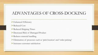 ADVANTAGES OF CROSS-DOCKING
Enhanced Efficiency
Reduced Cost
Reduced Shipping Times
Decreased Risk of Damaged Product
Reduces material handling.
Elimination of processes such as ‘pick-location’ and ‘order picking’
Increases customer satisfaction
 