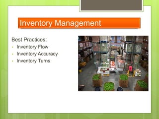 Best Practices:
• Inventory Flow
• Inventory Accuracy
• Inventory Turns
Inventory Management
 