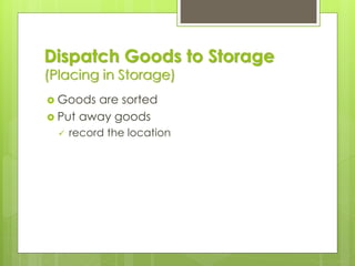 Dispatch Goods to Storage
(Placing in Storage)
 Goods are sorted
 Put away goods
✓ record the location
 