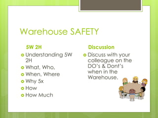 Warehouse SAFETY
5W 2H
 Understanding 5W
2H
 What, Who,
 When, Where
 Why 5x
 How
 How Much
Discussion
 Discuss with your
colleague on the
DO’s & Dont’s
when in the
Warehouse.
 