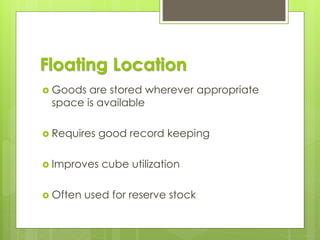 Floating Location
 Goods are stored wherever appropriate
space is available
 Requires good record keeping
 Improves cube utilization
 Often used for reserve stock
 
