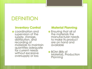 DEFINITION
Inventory Control
 coordination and
supervision of the
supply, storage,
distribution, and
recording of
materials to maintain
quantities adequate
for current needs
without excessive
oversupply or loss
Material Planning
 Ensuring that all of
the materials the
manufacturer needs
to make its product
are on hand and
available
 BOM (Bills of
Material), Production
Planning
 