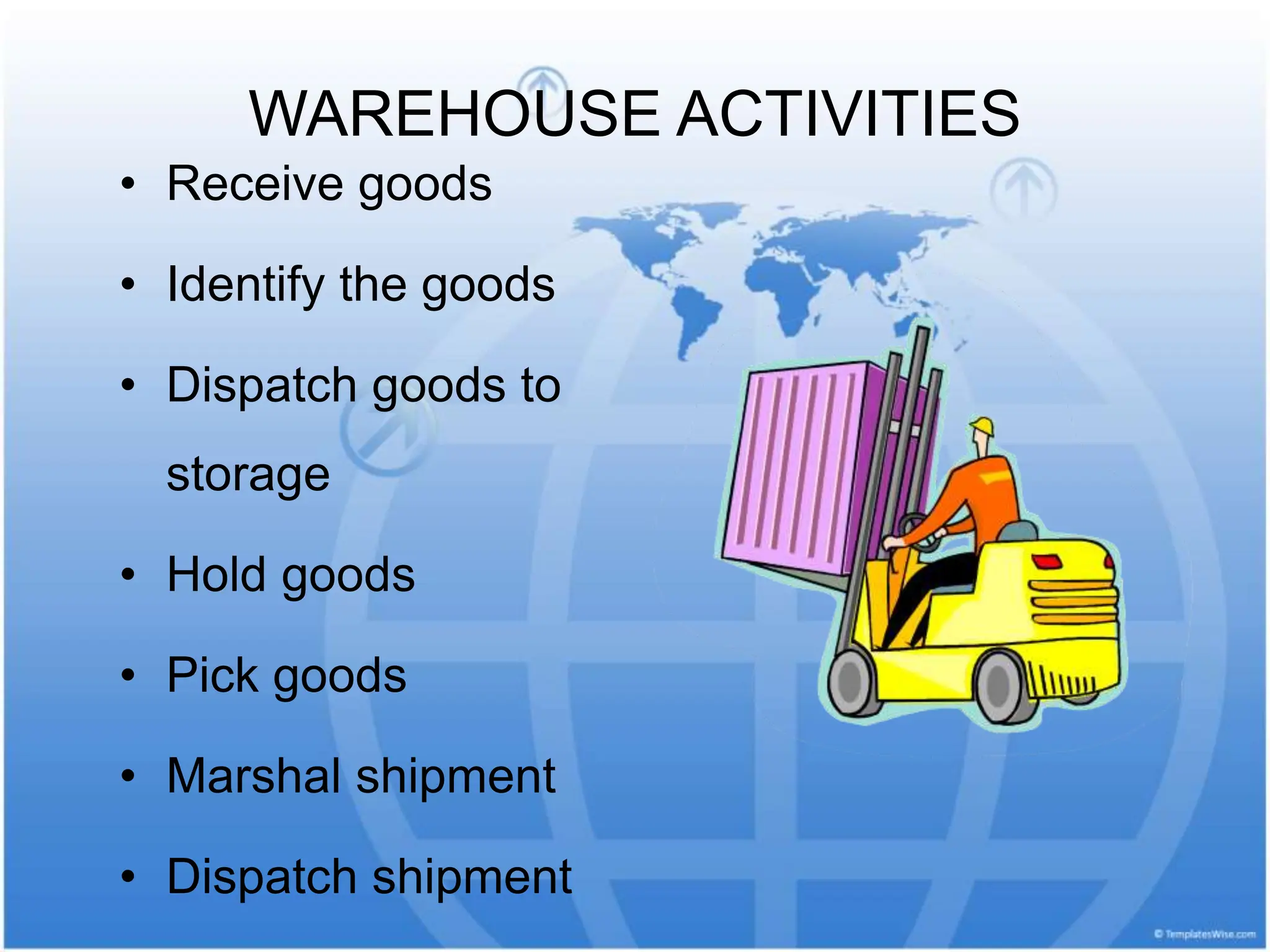 WAREHOUSE ACTIVITIES
• Receive goods
• Identify the goods
• Dispatch goods to
storage
• Hold goods
• Pick goods
• Marshal shipment
• Dispatch shipment
 