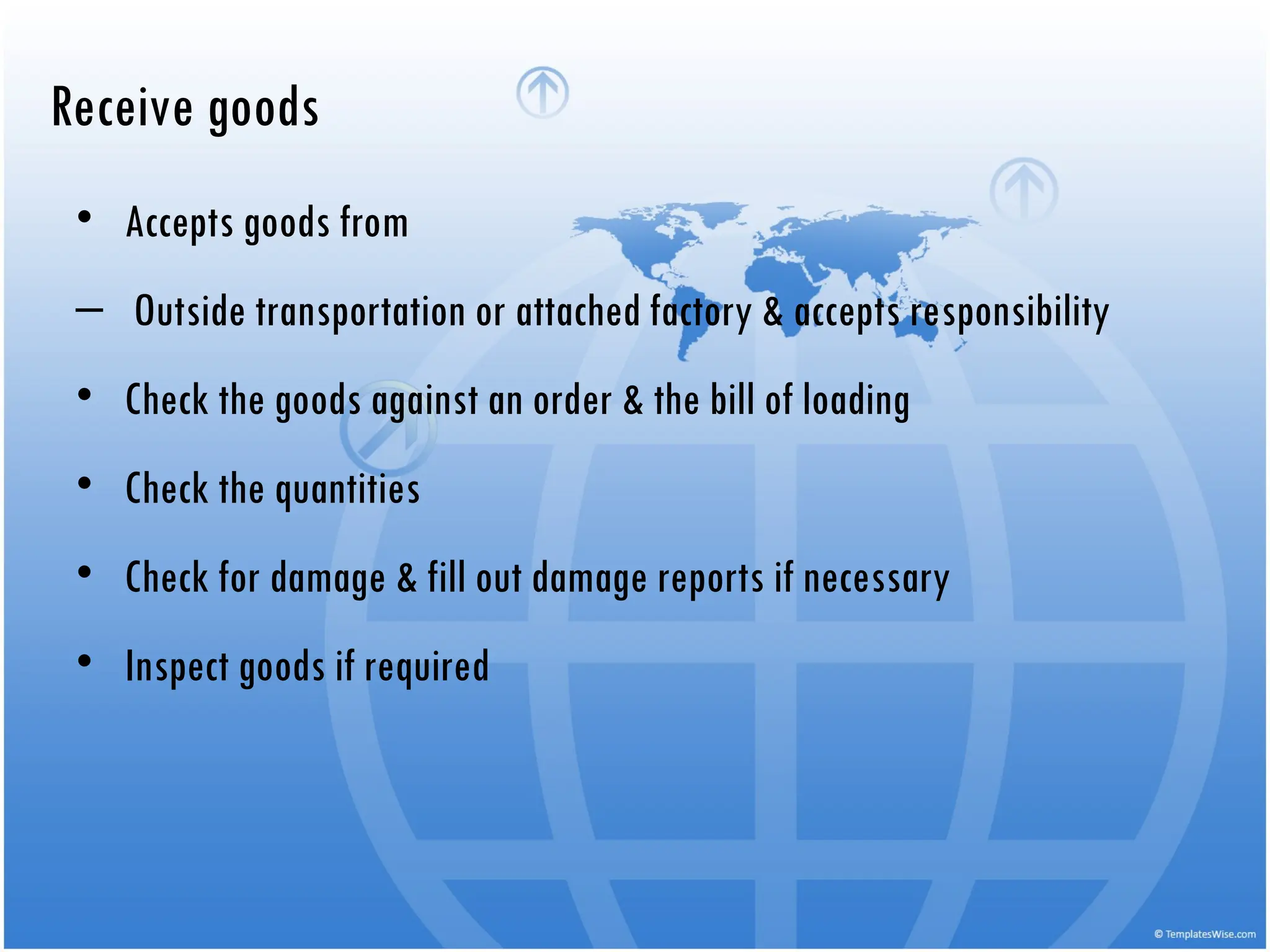 • Accepts goods from
‒ Outside transportation or attached factory & accepts responsibility
• Check the goods against an order & the bill of loading
• Check the quantities
• Check for damage & fill out damage reports if necessary
• Inspect goods if required
Receive goods
 