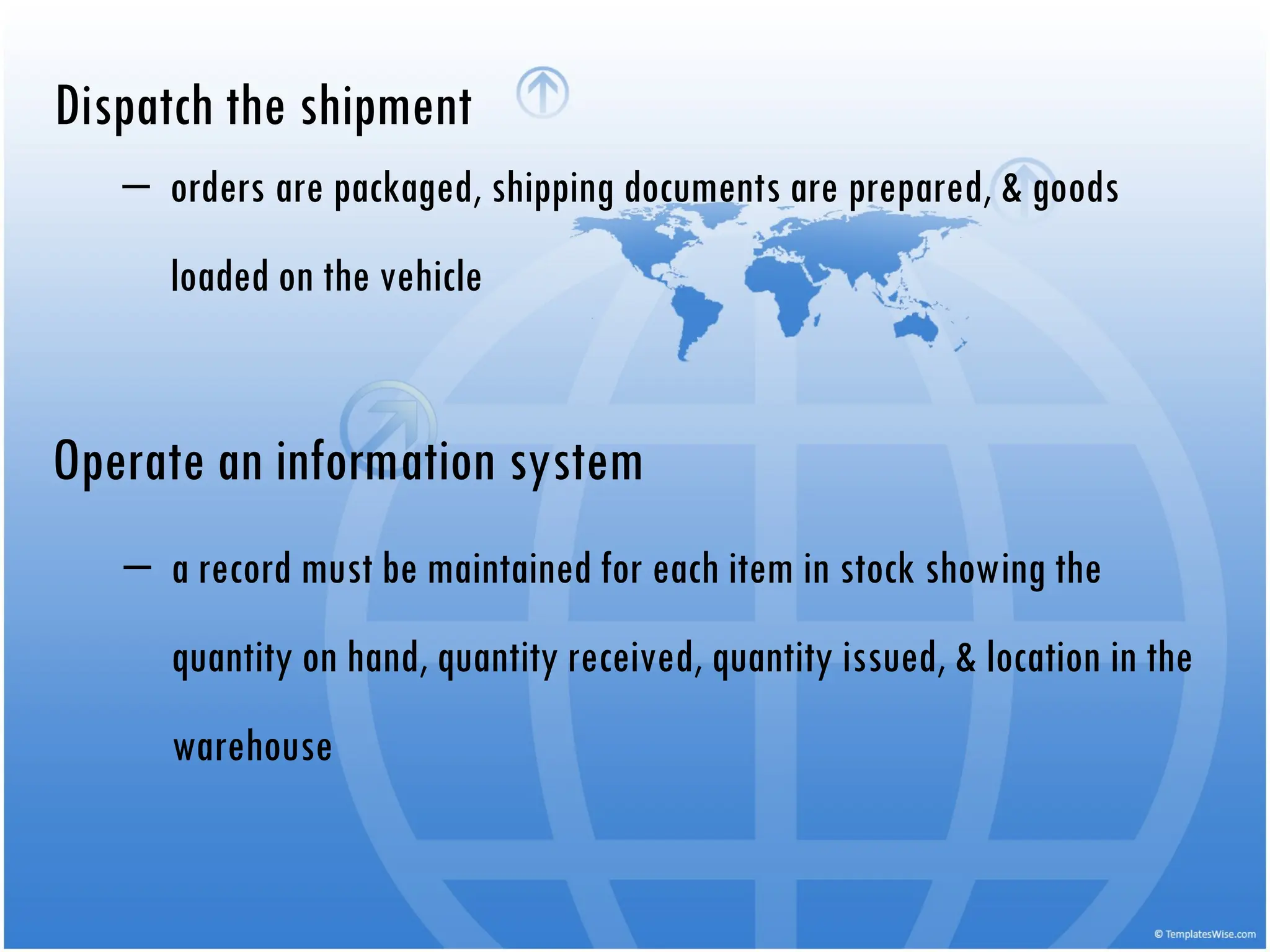 Dispatch the shipment
‒ orders are packaged, shipping documents are prepared, & goods
loaded on the vehicle
Operate an information system
‒ a record must be maintained for each item in stock showing the
quantity on hand, quantity received, quantity issued, & location in the
warehouse
 