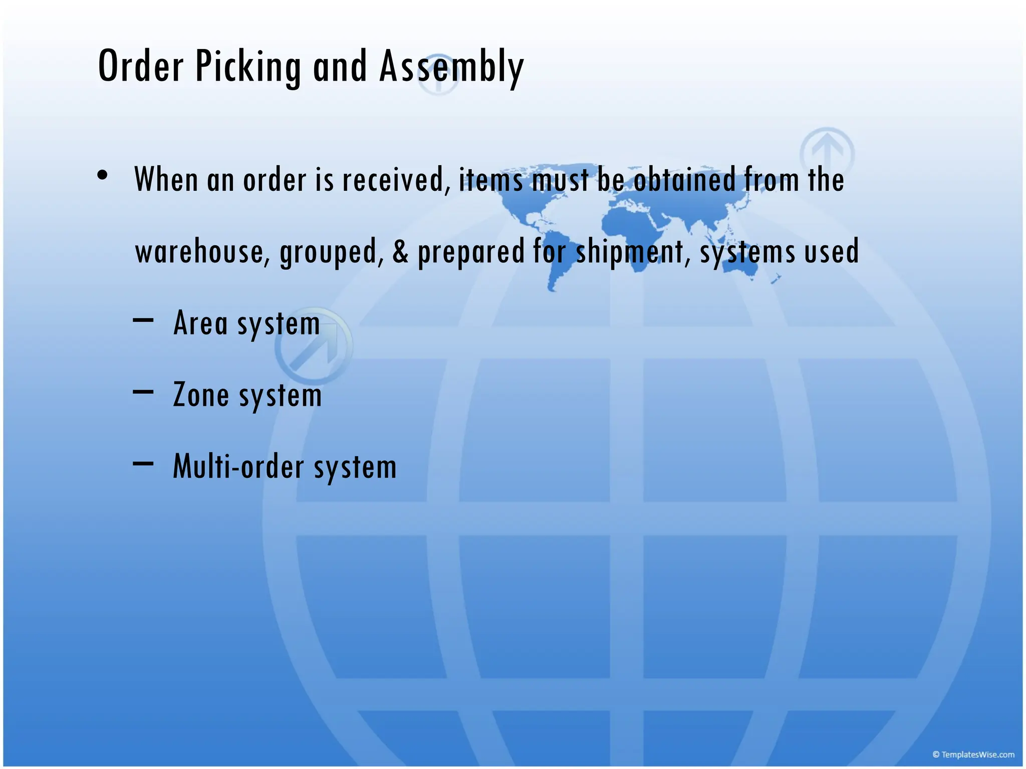 Order Picking and Assembly
• When an order is received, items must be obtained from the
warehouse, grouped, & prepared for shipment, systems used
– Area system
– Zone system
– Multi-order system
 