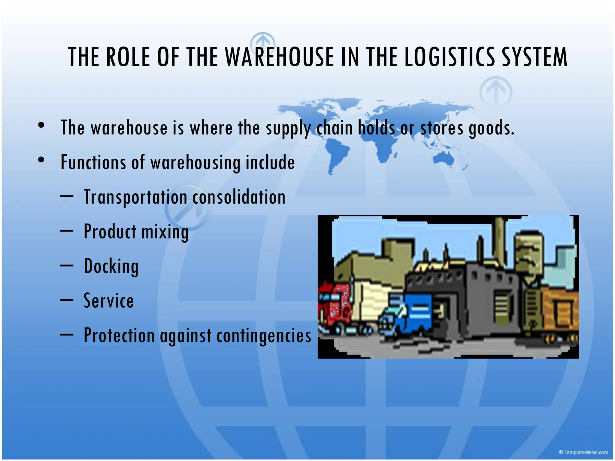 THE ROLE OF THE WAREHOUSE IN THE LOGISTICS SYSTEM
• The warehouse is where the supply chain holds or stores goods.
• Functions of warehousing include
– Transportation consolidation
– Product mixing
– Docking
– Service
– Protection against contingencies
 