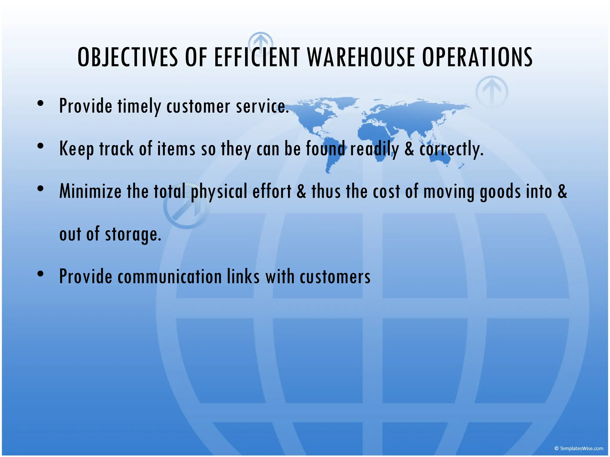OBJECTIVES OF EFFICIENT WAREHOUSE OPERATIONS
• Provide timely customer service.
• Keep track of items so they can be found readily & correctly.
• Minimize the total physical effort & thus the cost of moving goods into &
out of storage.
• Provide communication links with customers
 