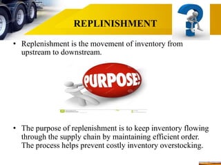 REPLINISHMENT
• Replenishment is the movement of inventory from
upstream to downstream.
• The purpose of replenishment is to keep inventory flowing
through the supply chain by maintaining efficient order.
The process helps prevent costly inventory overstocking.
 