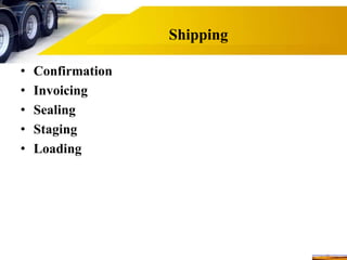 Shipping
• Confirmation
• Invoicing
• Sealing
• Staging
• Loading
 
