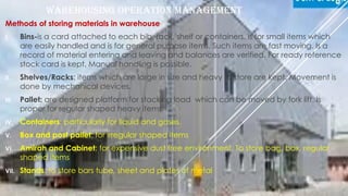 WAREHOUSING OPERATION MANAGEMENT
Methods of storing materials in warehouse
I. Bins-is a card attached to each bib, rack, shelf or containers. Is for small items which
are easily handled and is for general purpose items. Such items are fast moving. Is a
record of material entering and leaving and balances are verified. For ready reference
stock card is kept. Manual handling is possible.
II. Shelves/Racks: items which are large in size and heavy to store are kept. Movement is
done by mechanical devices.
III. Pallet: are designed platform for stacking load which can be moved by fork lift. Is
proper for regular shaped heavy items.
IV. Containers: particularly for liquid and gases.
V. Box and post pallet: for irregular shaped items
VI. Amirah and Cabinet: for expensive dust free environment. To store bag, box, regular
shaped items
VII. Stands: to store bars tube, sheet and plates of metal
By Guta Mengesha 1/24/2021
 