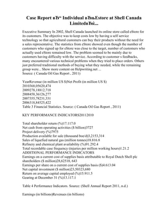 Case Report вЂ“ Individual вЂњEstore at Shell Canada
LimitedвЂќ...
Executive Summary In 2002, Shell Canada launched its online store called eStore for
its customers. The objective was to keep costs low by having a self service
technology so that agricultural customers can buy their products without the need for
a sales representative. The statistics from eStore showed even though the number of
customers who signed up for eStore was close to the target, number of customers who
actually used eStore remained low. The problem seemed to be mainly due to
customers having difficulty with the service. According to customer s feedbacks,
many encountered various technical problems when they tried to place orders. Others
just preferred traditional methods of buying what they needed, while the remaining
group were... Show more content on Helpwriting.net ...
Source: ( Canada Oil Gas Report , 2011)
YearRevenue (in million US $)Net Profit (in million US $)
2010368,05620,474
2009278,18812,718
2008458,36126,277
2007355,78231,331
2006318,84525,422
Table 3 Financial Statistics. Source: ( Canada Oil Gas Report , 2011)
KEY PERFORMANCE INDICATORS20112010
Total shareholder return (%)17.117.0
Net cash from operating activities ($ billion)3727
Project delivery (%)7975
Production available for sale (thousand boe/d)3,2153,314
Sales of liquefied natural gas (million tonnes)18.816.8
Refinery and chemical plant availability (%)91.292.4
Total recordable case frequency (injuries per million working hours)1.21.2
ADDITIONAL PERFORMANCE INDICATORS
Earnings on a current cost of supplies basis attributable to Royal Dutch Shell plc
shareholders ($ million)28,62518, 643
Earnings per share on a current cost of supplies basis ($)4.613.04
Net capital investment ($ million)23,50323,680
Return on average capital employed (%)15.911.5
Gearing at December 31 (%)13.117.1
Table 4 Performance Indicators. Source: (Shell Annual Report 2011, n.d.)
Earnings (in billions)Revenues (in billions)
 