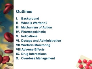 OutlinesBackgroundWhat is Warfarin?Mechanism of ActionPharmacokineticIndicationsDosage and AdministrationWarfarinMonitoringAdverse EffectsDrug InteractionsOverdose Management