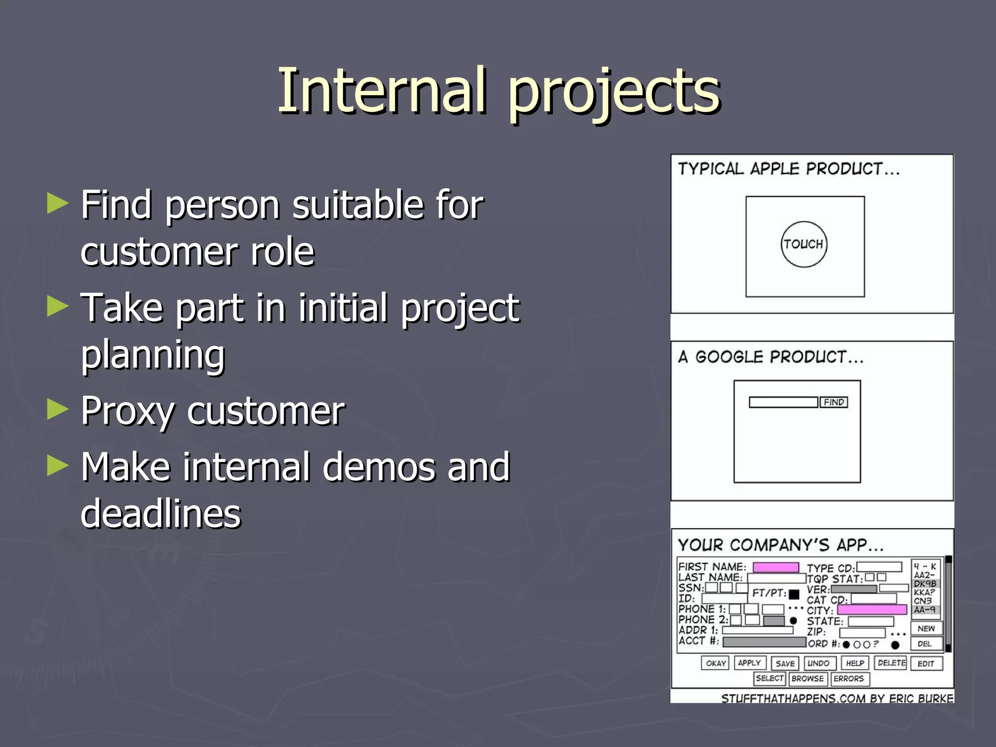 Internal projects Find person suitable for customer role Take part in initial project planning Proxy customer Make internal demos and deadlines 