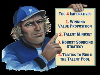 Be Creative About Talent SourcesEarlierTechnology company that provides summer internships and part-time jobs for hundreds of high school and college studentsBiotech company that hires entrepreneurial “refugees” from the R&D departments of big pharma companiesLaterGlobal industrial company that hired 650 military officers in 2 yearsDifferentOne company hired 50 of 300 graduating students from an elite Indian high school and brought them to the U.S.Outside U.S.30