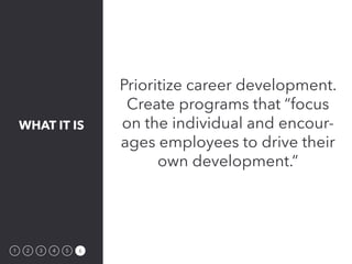 WHAT IT IS
1 2 3 4 5 6
Prioritize career development.
Create programs that “focus
on the individual and encour-
ages emplo...