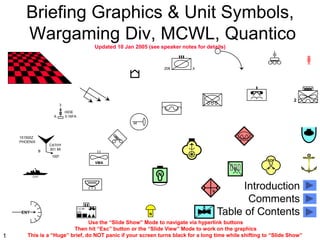 1
Briefing Graphics & Unit Symbols,
Wargaming Div, MCWL, Quantico
Updated 10 Jan 2005 (see speaker notes for details)
VMA
3
HIDE
3-16FA
A
ENY
CG47
Introduction
Comments
Table of Contents
208 X
1000
151500Z
PHOENIX
B
CATHY
301 MI
1-6 AR
…
Use the “Slide Show” Mode to navigate via hyperlink buttons
Then hit “Esc” button or the “Slide View” Mode to work on the graphics
This is a “Huge” brief, do NOT panic if your screen turns black for a long time while shifting to “Slide Show”
SOF
V
N
2
N
 