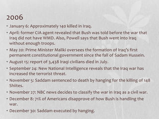2006
• January 6: Approximately 140 killed in Iraq.
• April: former CIA agent revealed that Bush was told before the war that
  Iraq did not have WMD. Also, Powell says that Bush went into Iraq
  without enough troops.
• May 20: Prime Minister Maliki oversees the formation of Iraq’s first
  permanent constitutional government since the fall of Sadam Hussein.
• August 15: report of 3,438 Iraqi civilians died in July.
• September 24: New National Intelligence reveals that the Iraq war has
  increased the terrorist threat.
• November 5: Saddam sentenced to death by hanging for the killing of 148
  Shiites.
• November 27: NBC news decides to classify the war in Iraq as a civil war.
• December 8: 71% of Americans disapprove of how Bush is handling the
  war.
• December 30: Saddam executed by hanging.
 