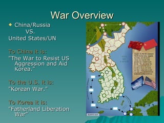 War Overview China/Russia VS. United States/UN To China it is: "The War to Resist US Aggression and Aid Korea."  To the U.S. it is: "Korean War."  To Korea it is: "Fatherland Liberation War" 