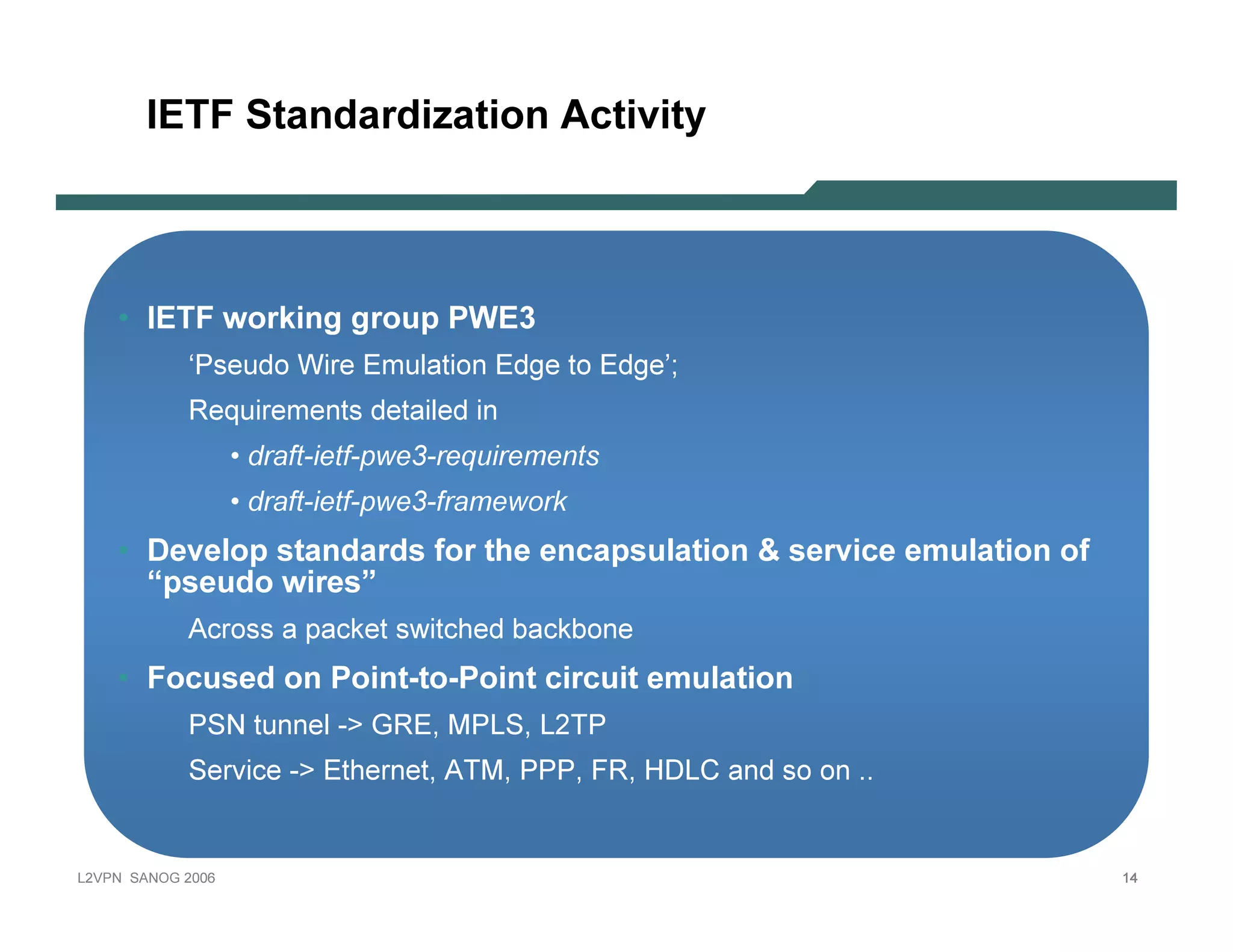 I E T F S t a n da rdiz a t ion A c t iv it y



           • I E T F work in g group P WE 3
                       ‘P s eu d o W ire E m u lation E d g e to E d g e’;
                       R eq u irem ents d etailed in
                                • draft-i e tf-p w e 3 -re q u i re m e n ts
                                • draft-i e tf-p w e 3 -fram e w o rk
           • D ev el op st an dards f or t he en cap sul at ion & serv ice emul at ion of
             “p seudo wires”
                       A cros s a p ack et s w itch ed b ack b one
           • F ocused on P oin t -t o-P oin t circuit emul at ion
                       P S N      tu nnel -> G R E , M P L S , L 2T P
                       S ervice -> E th ernet, A T M , P P P , F R , H D L C   and s o on . .


L 2V P N   S A N O G   20 0 6                                                                   14
 