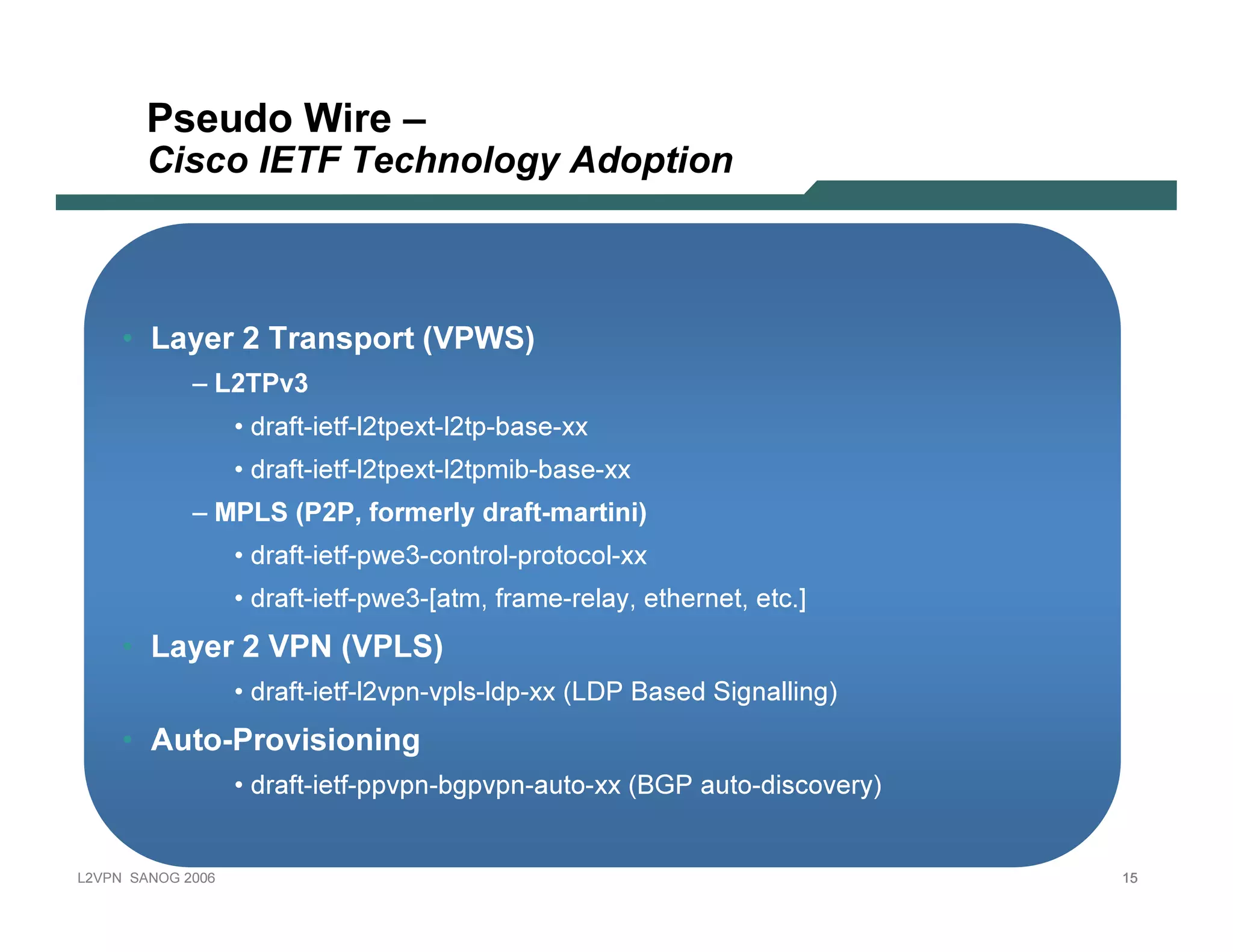 Pseudo Wire –
              Ci s co I E T F T echnol ogy A d op ti on



           • L ay er 2 T ran sp ort (V P WS)
                        – L2TPv3
                                • d r a f t -i e t f -l 2 t p e x t -l 2 t p -b a s e -x x
                                • d r a f t -i e t f -l 2 t p e x t -l 2 t p m i b -b a s e -x x
                        – M PLS ( P2P, f o r m e r l y dr a f t -m a r t i n i )
                                • d r a f t -i e t f -p w e 3 -c o n t r o l -p r o t o c o l -x x
                                • d r a f t -i e t f -p w e 3 -[ a t m , f r a m e -r e l a y , e t h e r n e t , e t c . ]
           • L ay er 2 V P N                      (V P L S)
                                • d r a f t -i e t f -l 2 v p n -v p l s -l d p -x x ( L D P B a s e d S i g n a l l i n g )
           • A ut o-P rov ision in g
                                • d r a f t -i e t f -p p v p n -b g p v p n -a u t o -x x ( B G P a u t o -d i s c o v e r y )


L 2V P N   S A N O G   20 0 6                                                                                                     15
 