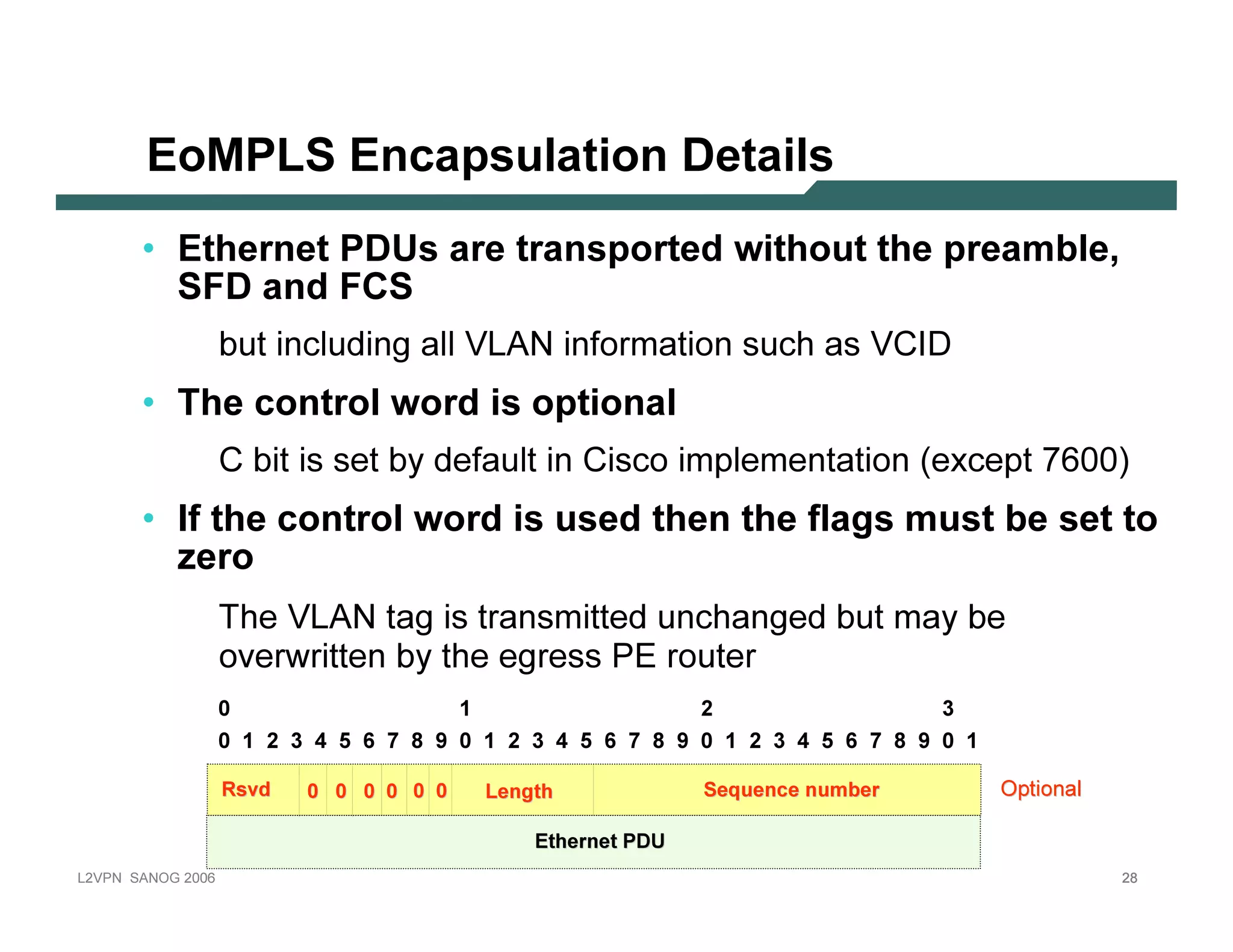 E o M PLS E n c ap su l atio n D e tail s
             • E th e r n e t P D U s a r e tr a n s p o r te d w ith o u t th e p r e a m b le ,
                SF D a n d F C S
                                        b ut inc lud ing all V LA N inform ation suc h as V C I D
             • T h e c o n tr o l w o r d is o p tio n a l
                                        C          b it is set b y d efault in C isc o im p lem entation ( ex c ep t 7 6 0 0 )
             • If th e c o n tr o l w o r d is u s e d th e n th e fla g s m u s t b e s e t to
               z e ro
                                        The V LA N tag is transm itted unc hanged b ut m ay b e
                                        ov erw ritten b y the egress PE router
                                0                                                     1                                               2                                             3
                                    0          1      2   3   4   5   6   7   8   9       0   1    2   3     4   5   6   7    8   9       0     1   2   3   4   5   6   7   8   9       0   1

                                            R s v d           0 0 0 0 0 0                         Length                                      Seq u enc e nu m b er                             O p tional

                                                                                                           E ther net P D U
L 2V P N   S A N O G   20 0 6                                                                                                                                                                                28
 