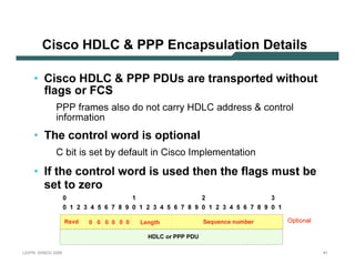 C isc o HD LC                                                                  PPP E n c ap su l atio n D e tail s

           • Cisco HDLC  PPP PDUs are transported without
             f l ag s or F CS
                         PPP fram es also d o not c arry H DLC                                                                                         ad d ress  c ontrol
                         inform ation
           • T he control word is optional
                         C               b it is set b y d efault in C isc o I m p lem entation
           • I f the control word is used then the f l ag s m ust b e
             set to z ero
                                0                                                     1                                              2                                              3
                                    0      1      2   3   4   5   6   7   8       9       0   1    2     3   4   5   6   7   8   9       0     1   2    3   4   5   6   7   8   9       0   1

                                        R s v d           0 0 0 0 0 0                             Length                                     Seq u enc e nu m b er                              O p tional

                                                                                                       H D LC o r P P P P D U

L 2V P N   S A N O G   20 0 6                                                                                                                                                                                41
 