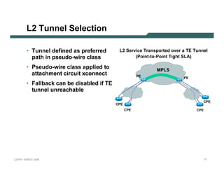 L2 T u n n e l S e l e c tio n

              • T un n el def in ed as p ref erred          L2 Ser vi c e Tr ansp or ted over a TE Tunnel
                 p at h in p seudo-wire cl ass                      ( Poi nt-to-Poi nt Ti g ht SLA)

              • P seudo-wire cl ass ap p l ied t o                             M PLS
                 at t achmen t circuit x con n ect                     PE                   PE
              • F al l b ack can b e disab l ed if T E
                 t un n el un reachab l e

                                                                                                          C PE
                                                         C PE
                                                                C PE                               C PE




L 2V P N   S A N O G   20 0 6                                                                             77
 