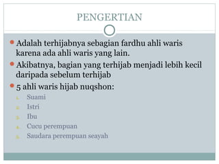 PENGERTIAN 
Adalah terhijabnya sebagian fardhu ahli waris 
karena ada ahli waris yang lain. 
Akibatnya, bagian yang terhijab menjadi lebih kecil 
daripada sebelum terhijab 
5 ahli waris hijab nuqshon: 
1. Suami 
2. Istri 
3. Ibu 
4. Cucu perempuan 
5. Saudara perempuan seayah 
 