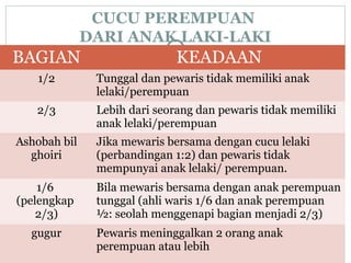 CUCU PEREMPUAN 
DARI ANAK LAKI-LAKI 
BAGIAN KEADAAN 
1/2 Tunggal dan pewaris tidak memiliki anak 
lelaki/perempuan 
2/3 Lebih dari seorang dan pewaris tidak memiliki 
anak lelaki/perempuan 
Ashobah bil 
ghoiri 
Jika mewaris bersama dengan cucu lelaki 
(perbandingan 1:2) dan pewaris tidak 
mempunyai anak lelaki/ perempuan. 
1/6 
(pelengkap 
2/3) 
Bila mewaris bersama dengan anak perempuan 
tunggal (ahli waris 1/6 dan anak perempuan 
½: seolah menggenapi bagian menjadi 2/3) 
gugur Pewaris meninggalkan 2 orang anak 
perempuan atau lebih 
 