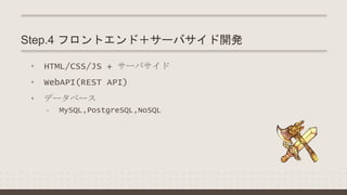 • HTML/CSS/JS + サーバサイド
• WebAPI(REST API)
• データベース
- MySQL,PostgreSQL,NoSQL
Step.4 フロントエンド＋サーバサイド開発
 