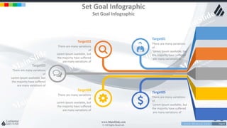 w w w . D o m a i n . c o m Page 8
www.MainSlide.com
© All Rights Reserved.
Confidential
Set Goal Infographic
Set Goal Infographic
Target01
There are many variations
of
Lorem Ipsum available, but
the majority have suffered
are many variations of
Target05
There are many variations
of
Lorem Ipsum available, but
the majority have suffered
are many variations of
Target02
There are many variations
of
Lorem Ipsum available, but
the majority have suffered
are many variations of
Target04
There are many variations
of
Lorem Ipsum available, but
the majority have suffered
are many variations of
Target03
There are many variations
of
Lorem Ipsum available, but
the majority have suffered
are many variations of
 