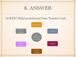 6. ANSWER
b) REST (REpresentational State Transfer) style
code-on-
demand
client-server
cache
statelesslayered
system
uniform
interface
REST
constraints
(in www)
 