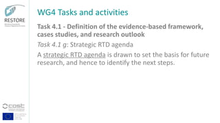 COST is supported by
The EU Framework
Programme
Horizon 2020
Task 4.1 - Definition of the evidence-based framework,
cases studies, and research outlook
Task 4.1 g: Strategic RTD agenda
A strategic RTD agenda is drawn to set the basis for future
research, and hence to identify the next steps.
WG4 Tasks and activities
 