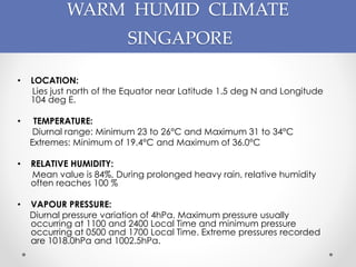 WARM HUMID CLIMATE
SINGAPORE
• LOCATION:
Lies just north of the Equator near Latitude 1.5 deg N and Longitude
104 deg E.
• TEMPERATURE:
Diurnal range: Minimum 23 to 26°C and Maximum 31 to 34°C
Extremes: Minimum of 19.4°C and Maximum of 36.0°C
• RELATIVE HUMIDITY:
Mean value is 84%, During prolonged heavy rain, relative humidity
often reaches 100 %
• VAPOUR PRESSURE:
Diurnal pressure variation of 4hPa. Maximum pressure usually
occurring at 1100 and 2400 Local Time and minimum pressure
occurring at 0500 and 1700 Local Time. Extreme pressures recorded
are 1018.0hPa and 1002.5hPa.
 