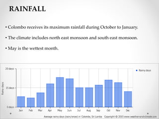 RAINFALL
• Colombo receives its maximum rainfall during October to January.
• The climate includes north east monsoon and south east monsoon.
• May is the wettest month.
 
