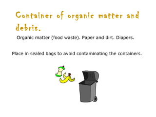 Container of organic matter and
 debris.
  Organic matter (food waste). Paper and dirt. Diapers.


Place in sealed bags to avoid contaminating the containers.
 