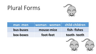 Plural Forms
man -men woman - women child-children
bus-buses mouse-mice fish- fishes
box-boxes foot-feet tooth- teeth
 